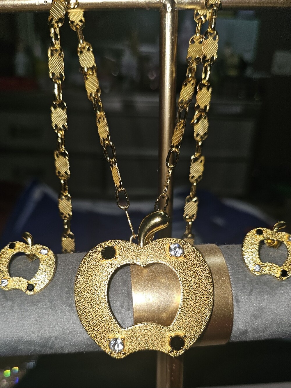 Gold Apple Pendant Necklace and Earring Set - Elegant Women's Jewelry